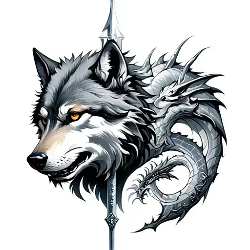 wolf and dragon, snow and sword tattoo tattoo design idea