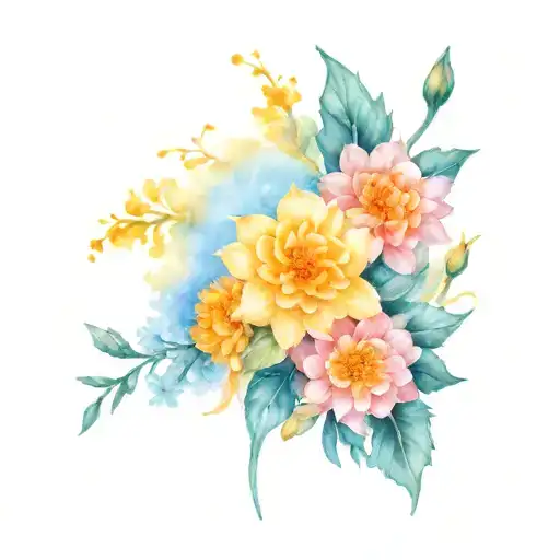marigold flower in the middle, chrysanthemum flower on the right side,narcissus flower on the left side  tattoo design idea