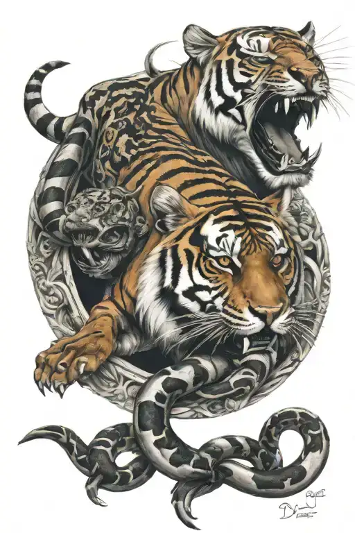 tiger and snake and shark tattoo design idea