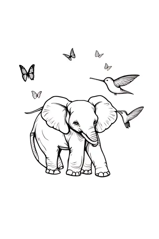 elephant surrounded by butterflies and hummingbird  tattoo design idea