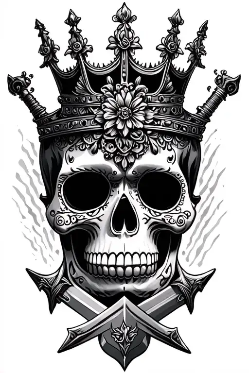 sugar skull with crown and sword piercing skull tattoo design idea