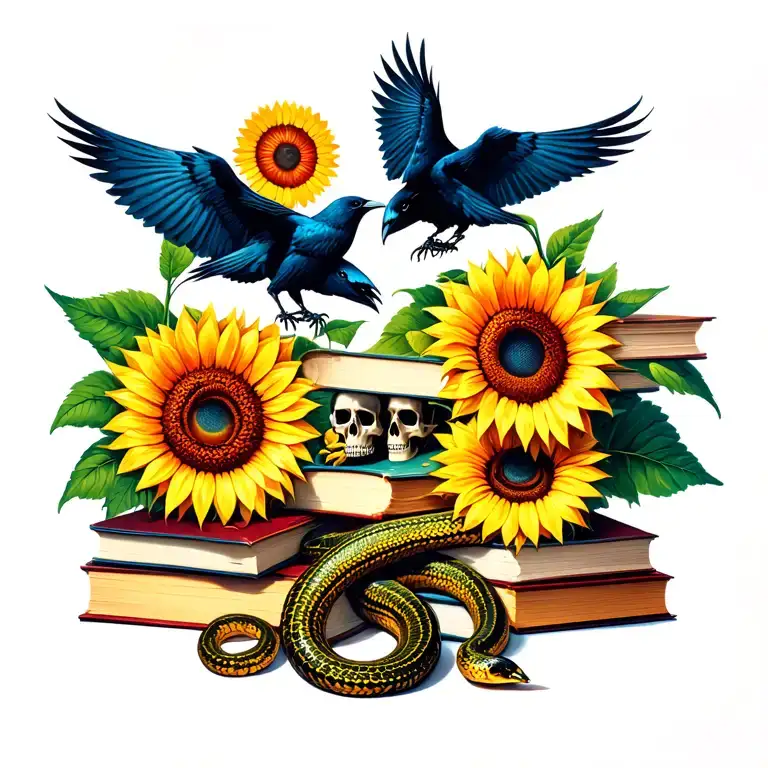 books sunflowers, snakes, crows flying skulls facing each other tattoo design idea