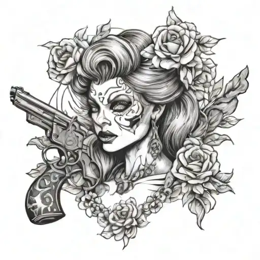 "outlaw woman" in worfs with revolvers and flowers growing tattoo design idea