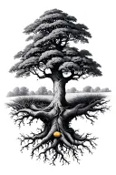 mustard tree with the roots encapsulating a tiny mustard seed tattoo design idea