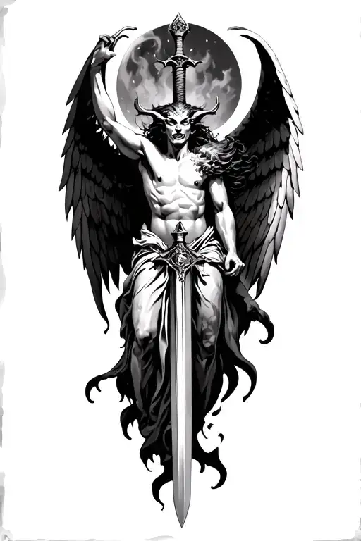 a demon holding a sword up in the air, and an angel impaled in the back from in devils sword tattoo design idea