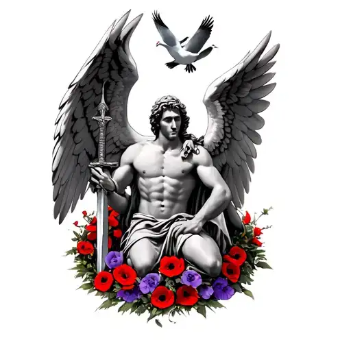 St Michael kneeling with wings spread, hold his sword, 9 doves above him and a wreath of red and purple poppies under hi tattoo design idea