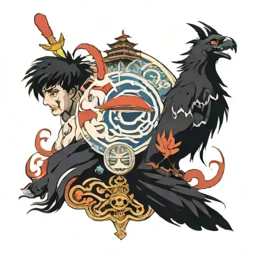 tattoo that features images from the studio ghibli movies Spirited Away, Howls Moving Castle and Princess Mononoke tattoo design idea