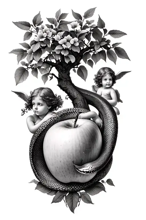 garden of Eden two cherubs snake and apple tree growing tattoo design idea