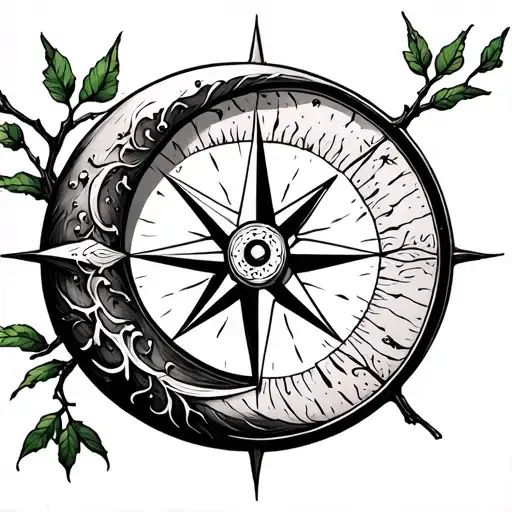 fine line weeping willow branch compass crescent moon vintage tattoo design idea