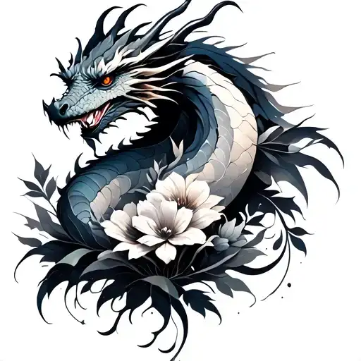 abstract dragon with back flowers tattoo design idea