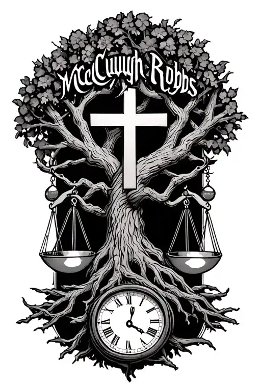 "McCullough Robbs"  tree of life intertwined with cross, libra scales and a clock  tattoo design idea