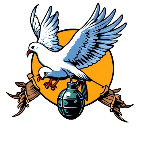 a flying white dove holding a hand grenade in its claws  tattoo design idea