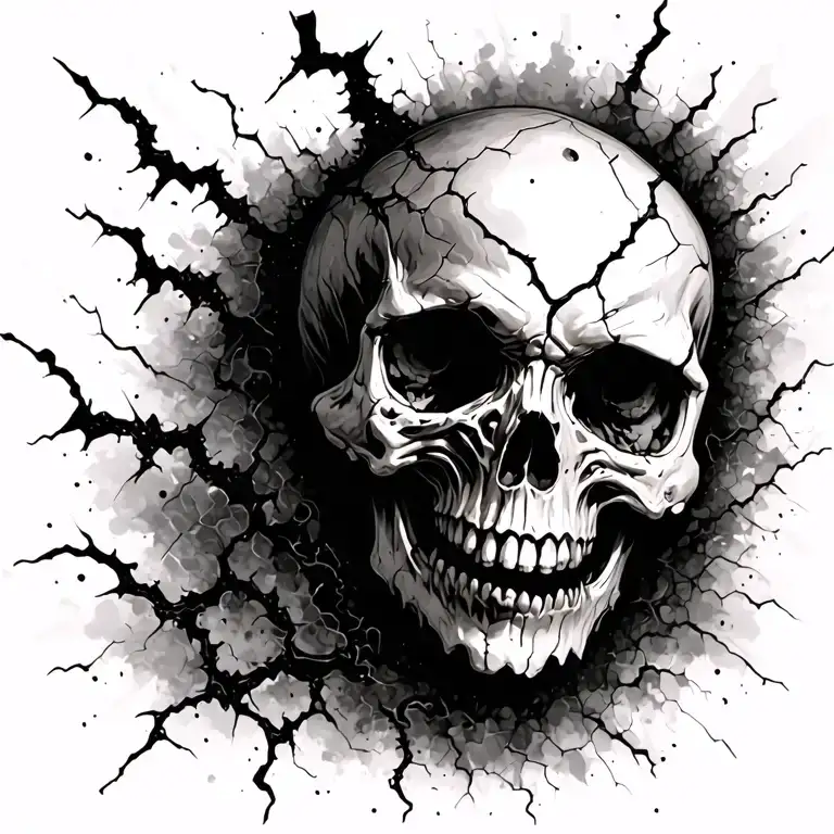 Evil looking skull with multiple cracks fading into dust tattoo design idea
