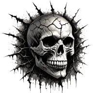Evil looking skull with multiple cracks fading into dust tattoo design idea