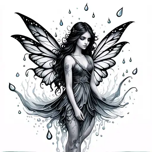 "by rain drops" Water fairy surrounded tattoo design idea