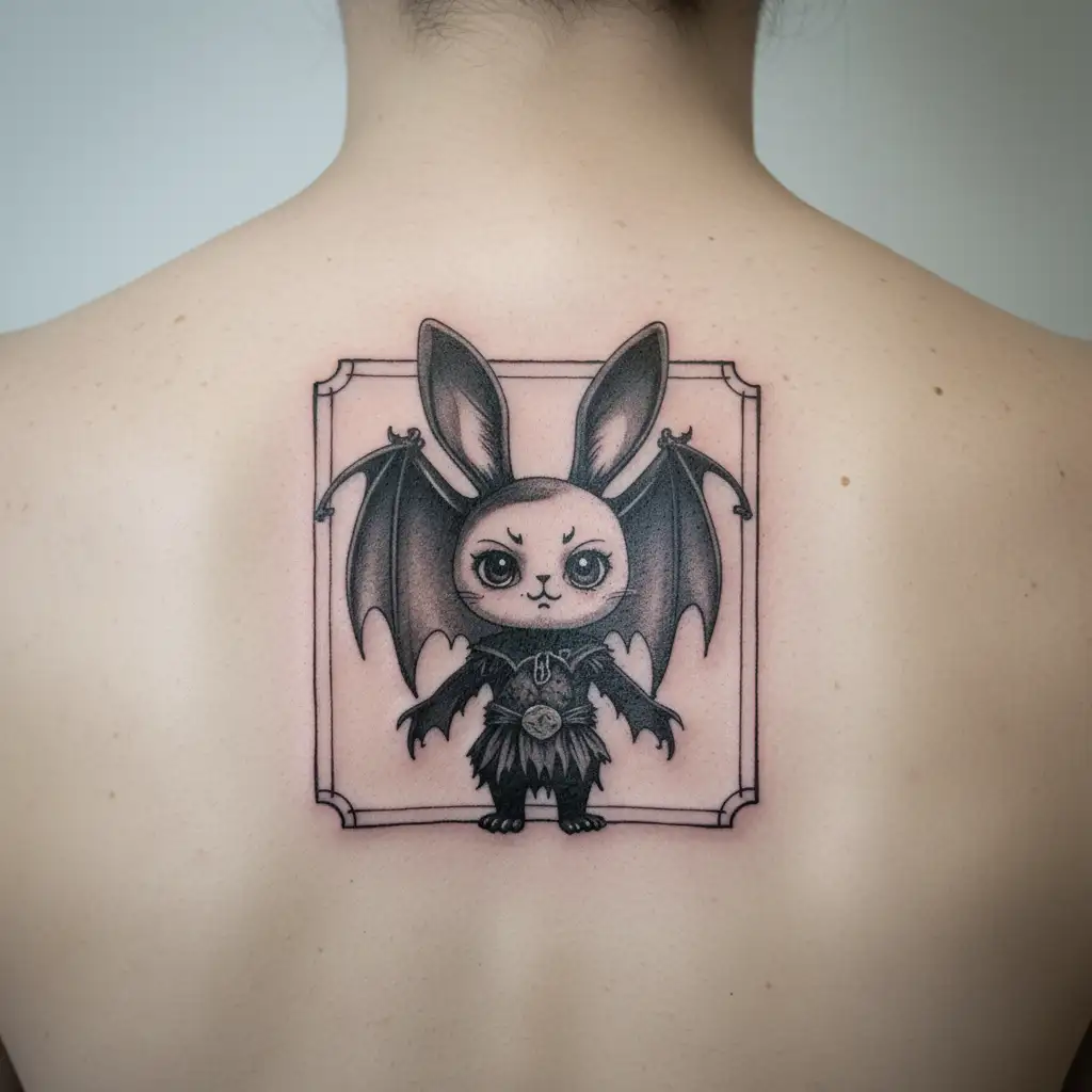 sad cute creepy bunny voodoo doll vampire bat tattoo design idea