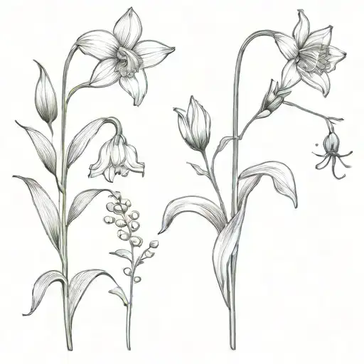 2 long stem daffodils, a long stem daisy and a long stem lily of the valley  tattoo design idea
