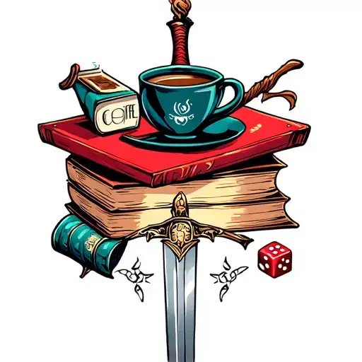 Books, Coffee,  Dice, Sword tattoo design idea