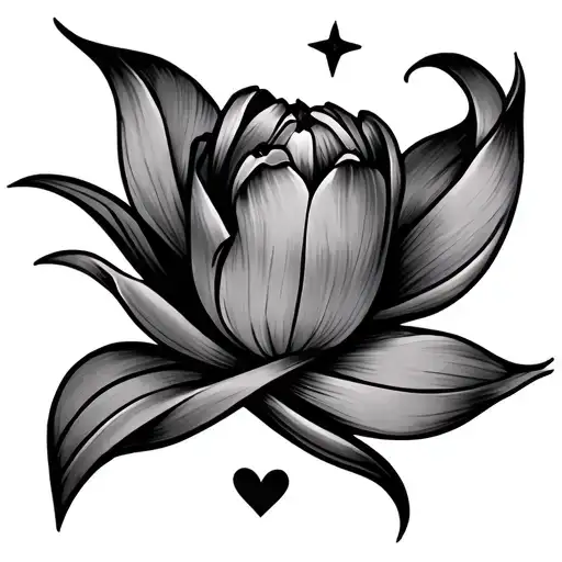 draw an infinity symbol tattoo with a tulip inside and a small crescent star in the corner and a little heart in the opp tattoo design idea