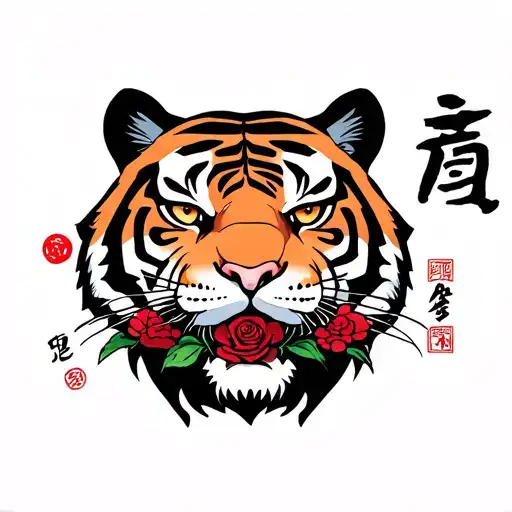 "継続" tiger with a rose in his mouth and the kanji for 継続 tattoo design idea