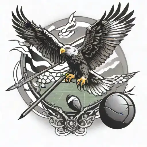 A tattoo design of a majestic eagle soaring over a football field, with lacrosse sticks crossed in the foreground, representing your passion for sports and freedom. tattoo design idea