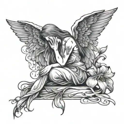 Broken heart angel on her knees prayingClose in her hand beside weeping Lilly in blue cooler draping around as a protect tattoo design idea