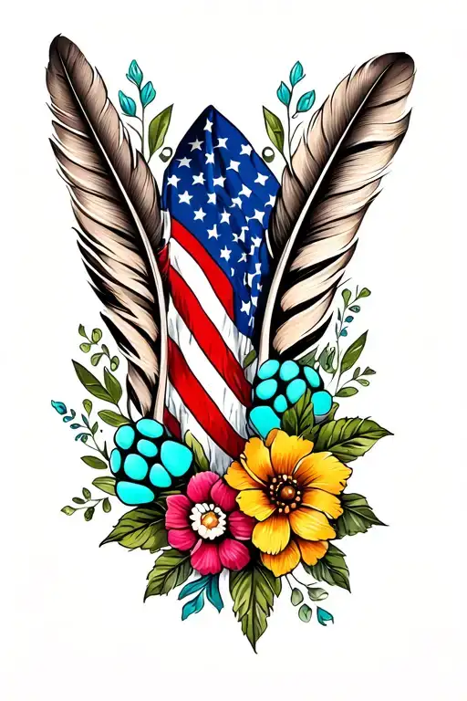 feathers with 2 dog paw prints incorporated, american flag, turquoise western jewlery and flowers tattoo design idea