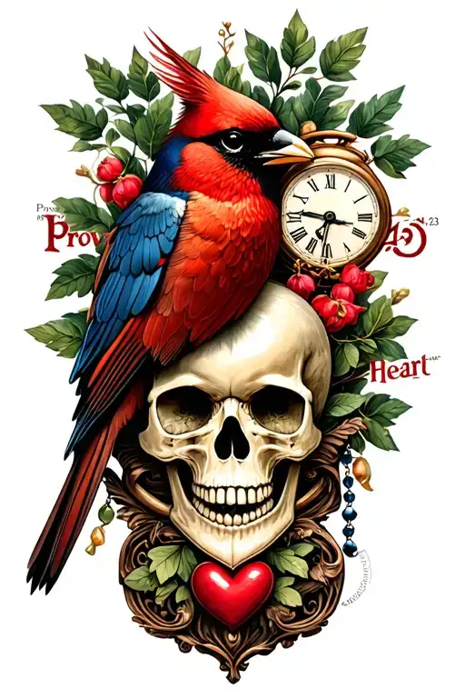 "Proverbs 4:23 guard your heart" cardinal, tree,skull,heart,rosary,clocks, claddagh, tattoo design idea