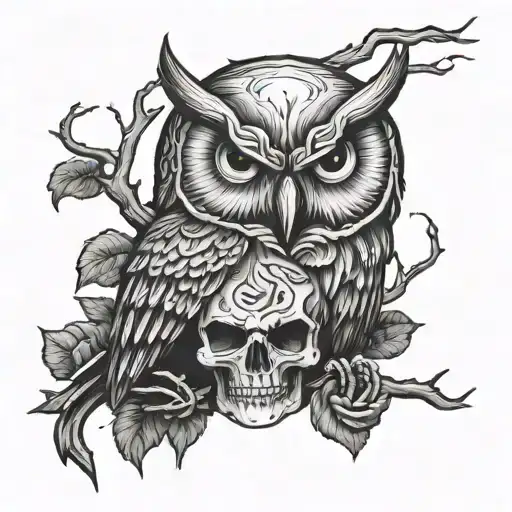 Angry owl perched on skull tattoo design idea