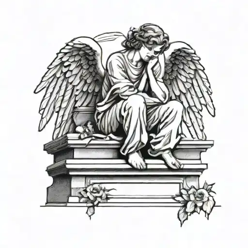 Angel crying on top of a tombstone, on the roof of the tombstone, the angel has one forearm resting and the other arm hanging down tattoo design idea