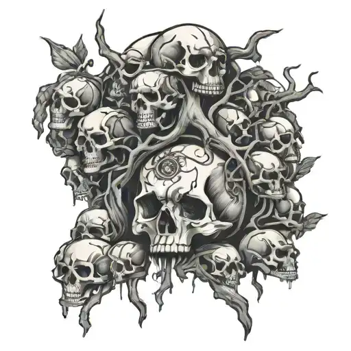 a pile of skulls and bones with tree of life emerging from the pile of skulls and bones all of this inside a tarot card tattoo design idea