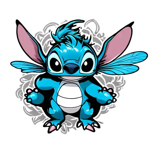 stich with a ohana sign and a blue dragon fly looking at it tattoo design idea