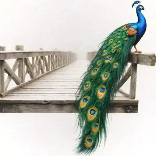 wooden bridge with peacock feather intertwined tattoo design idea