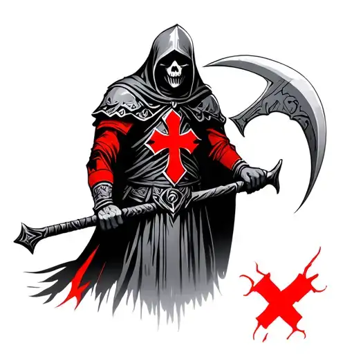 grim reaper tribal style holding a scythe by his side wearing crusader clothing with red crusader cross sleeve tattoo  tattoo design idea