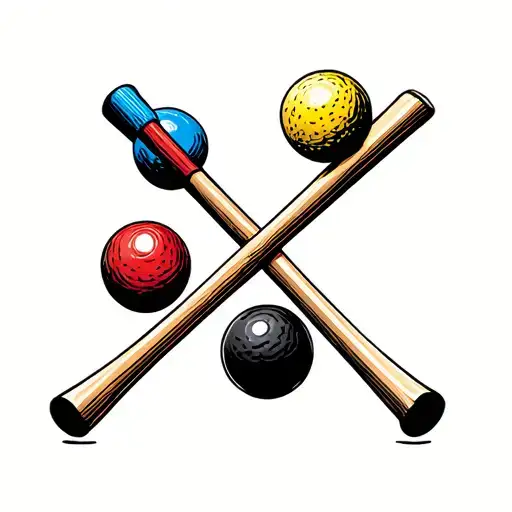 croquet mallets crossed with 4 balls in order of blue red black yellow  tattoo design idea