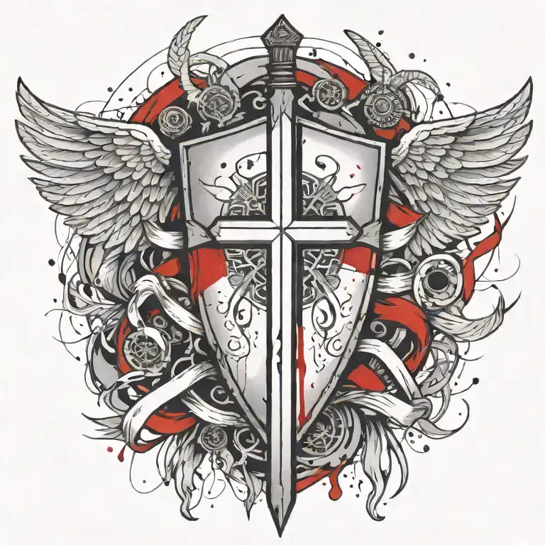 templar shield and sword with wings behind a cross with ribbon   tattoo design idea