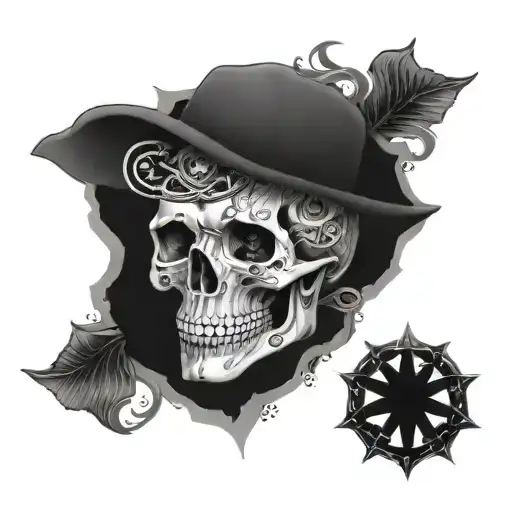 A skull surrounded by various family symbols and emblems tattoo design idea