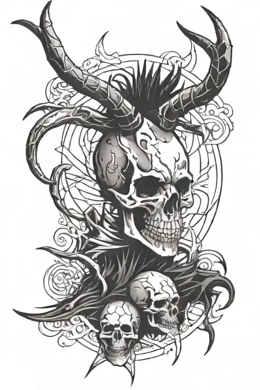 Tatoo for forearm, wendigo skull with Horns, crow on right Horns and kunai on left horn tattoo design idea
