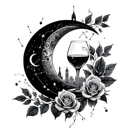 crescent moon, Aries & Libra constellations, ribbon with London skyline, cocktail glass, roses, intertwined rings, dates tattoo design idea