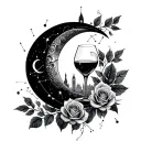 crescent moon, Aries & Libra constellations, ribbon with London skyline, cocktail glass, roses, intertwined rings, dates tattoo design idea
