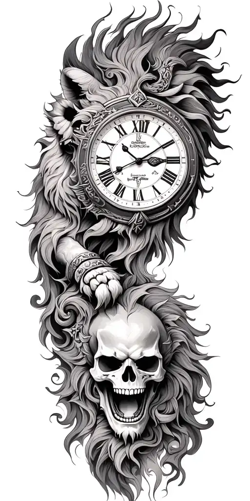 Clock Skull Lion Samurai tattoo design idea