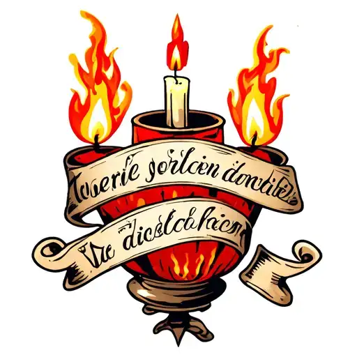 candle with flames as dancing latin writing running tattoo design idea