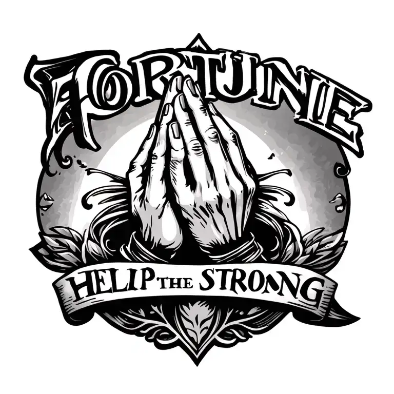 "Fortune helps the strong" praying hands tattoo design idea