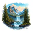 Waterfall mountain range tattoo design idea