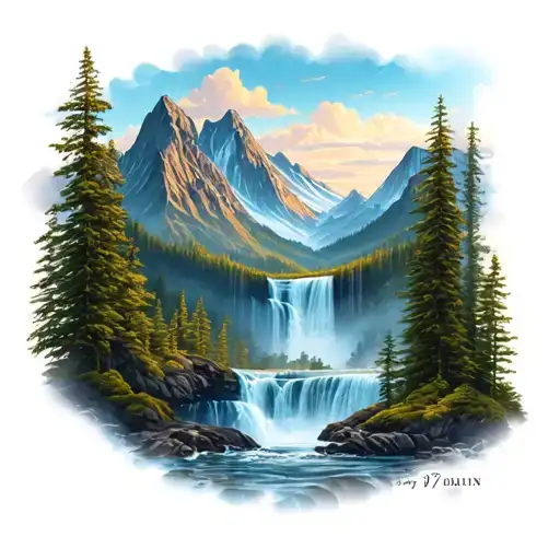 Waterfall mountain range tattoo design idea