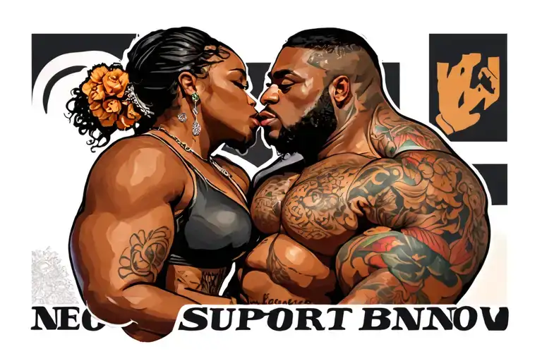 text: Support BNWO, big muscular black man kiss skinny white girl tattoo design idea