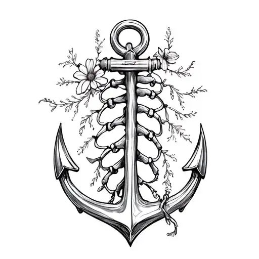 A boat anchor The central bar is partially replaced by vertebra all in a hundred small flowers tattoo design idea