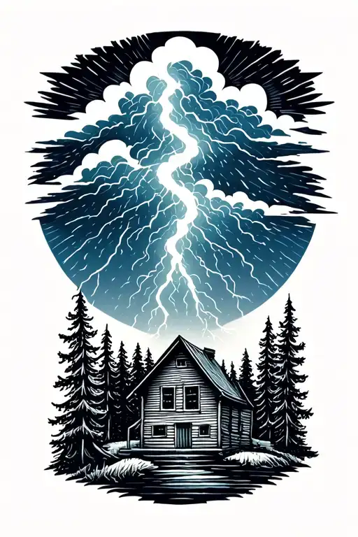 thunderstorm, wilderness, cabin, tattoo design idea