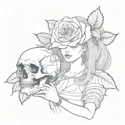 girl holding rose with skull hand  tattoo design idea