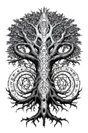 Yggdrasil tree in center with nidhogg and runes tattoo design idea